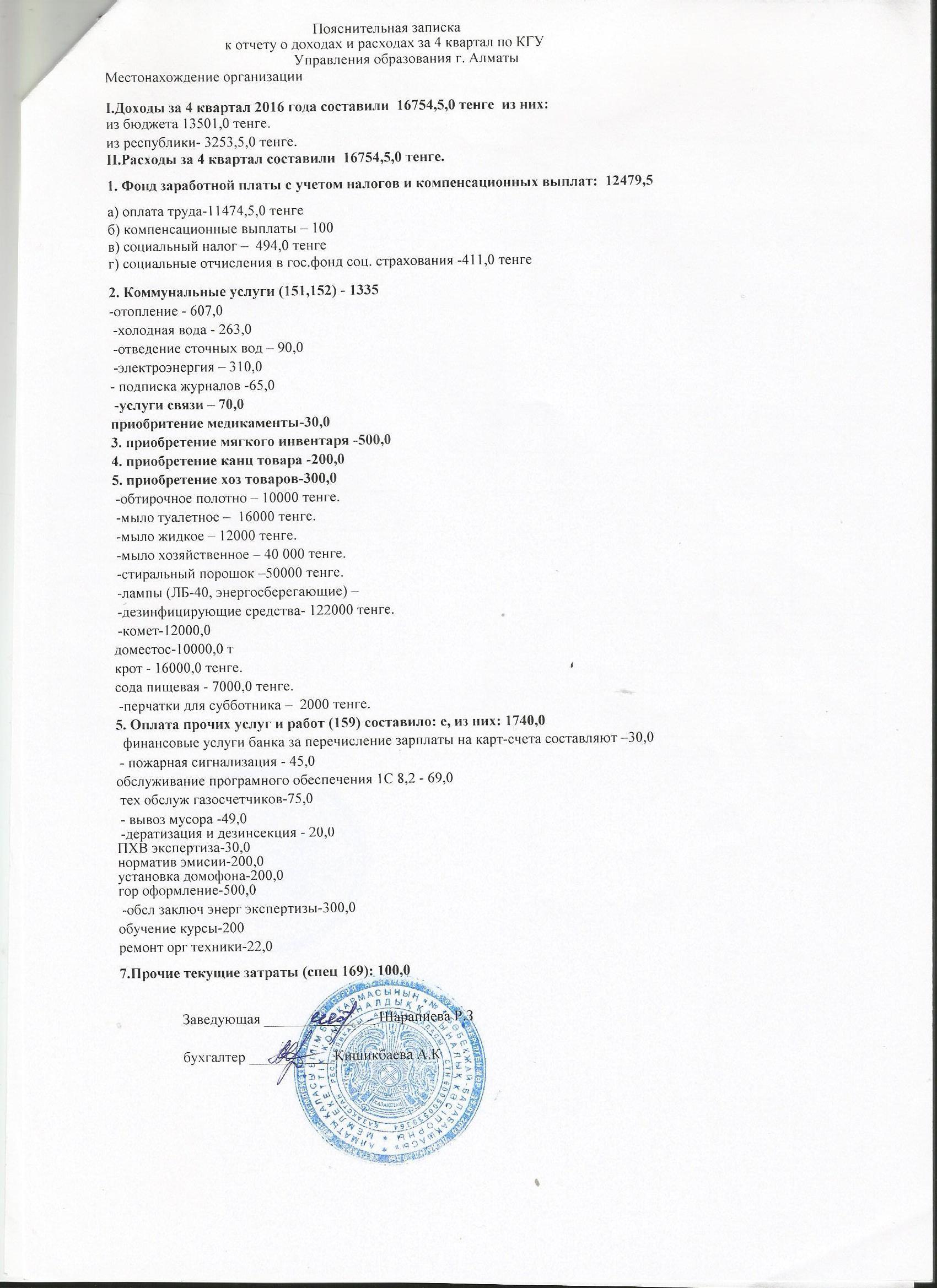 Отчет о доходах и расходах за 4 кв 2016г