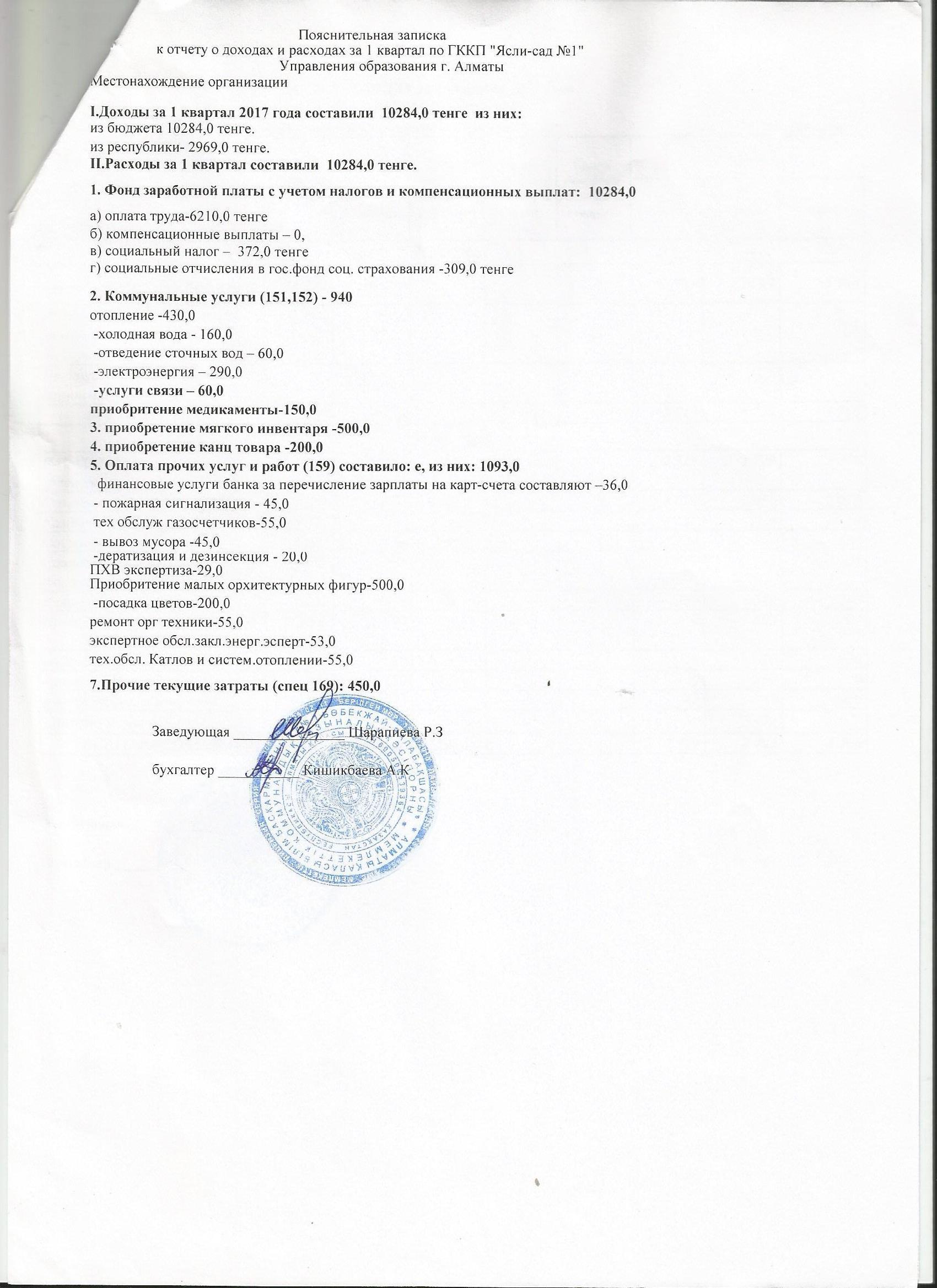 Отчет о доходах и расходах за 1 кв 2017г