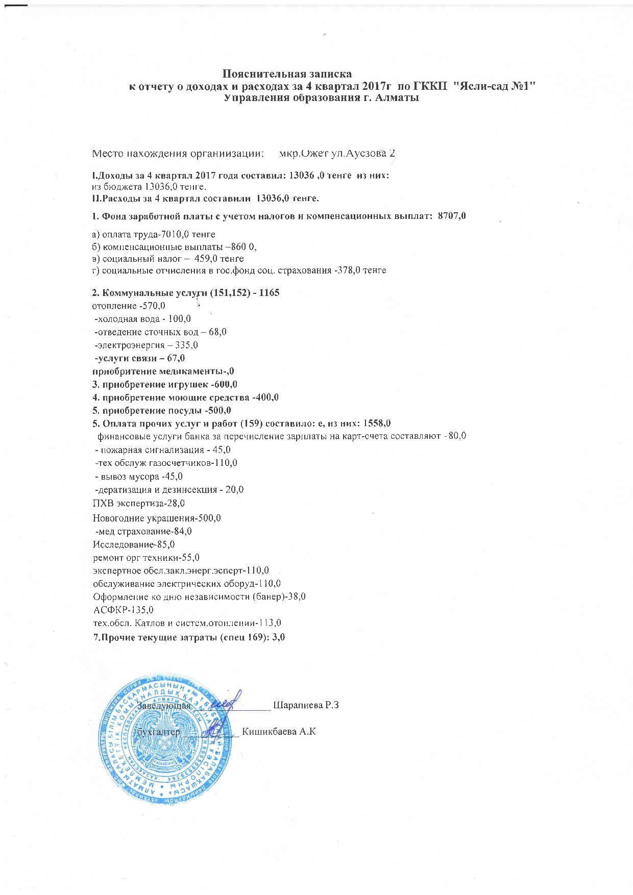 Отчет о доходах и расходах за 4 кв 2017