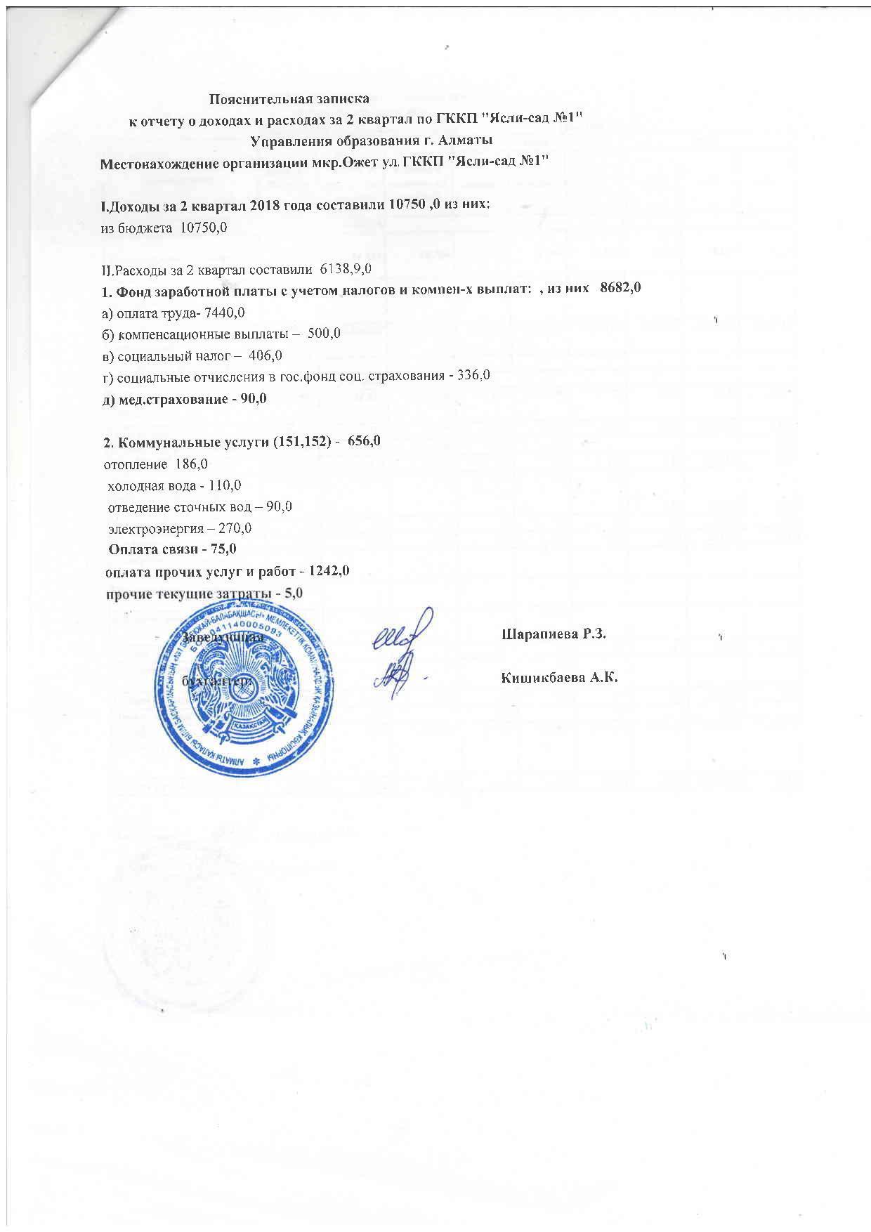 Отчет о доходах и расходах за 2 кв 2018