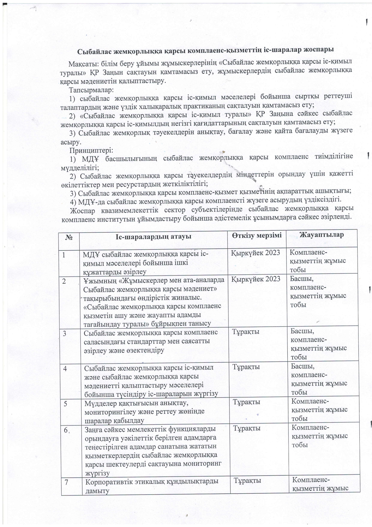 Сыбайлас жемқорлыққа қарсы комплаенс-қызметтің іс-шаралар жоспары