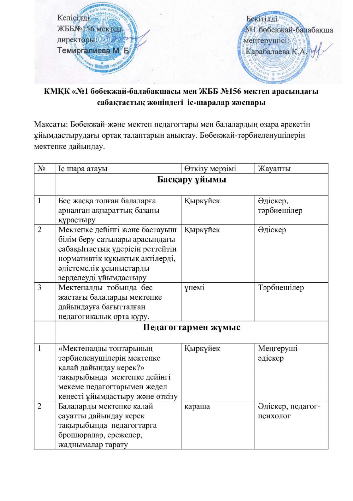 Мектеппен өзара сабақтастық  жұмыс жоспары