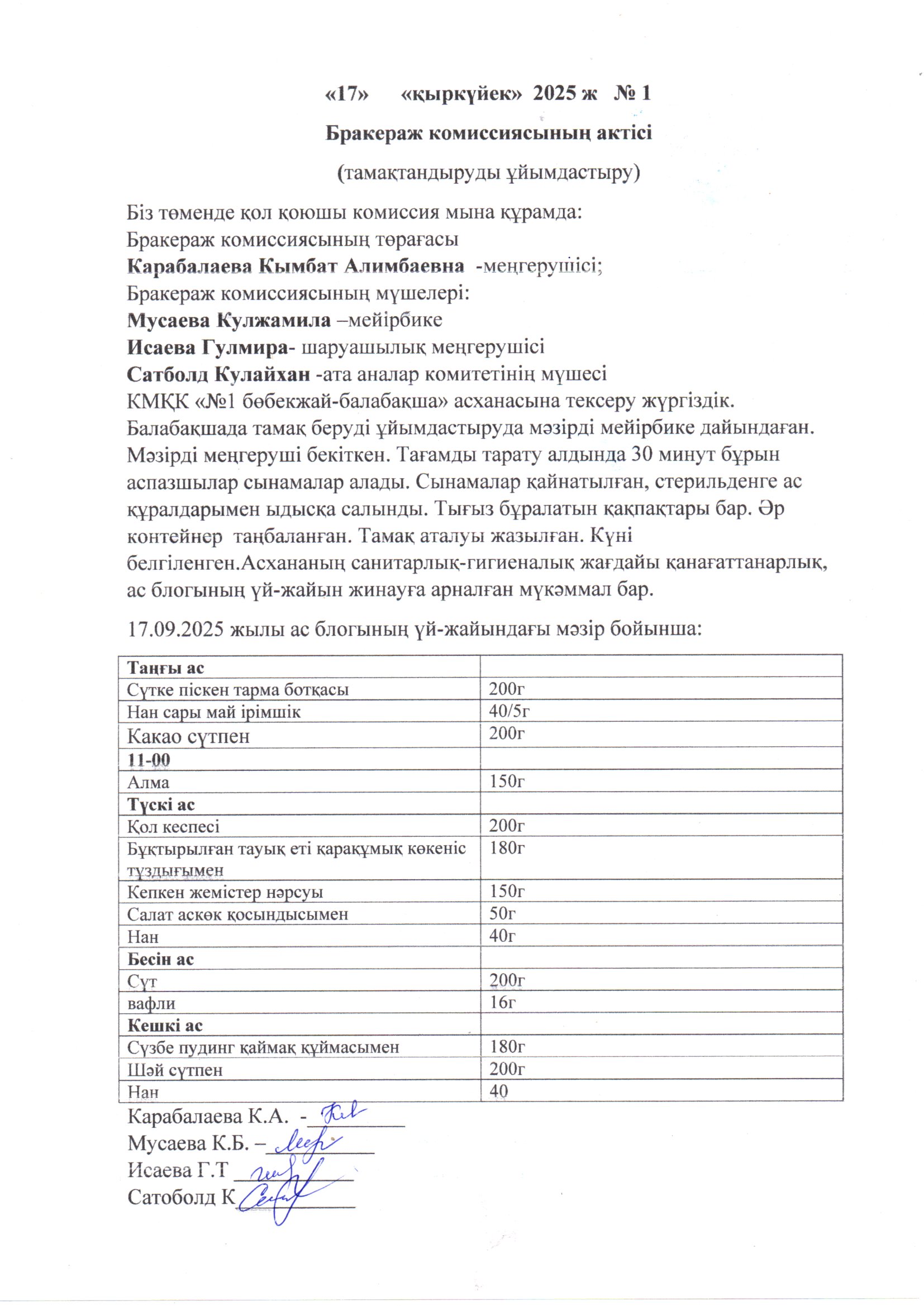 Тамақтану сапасын тексеру АКТ №1